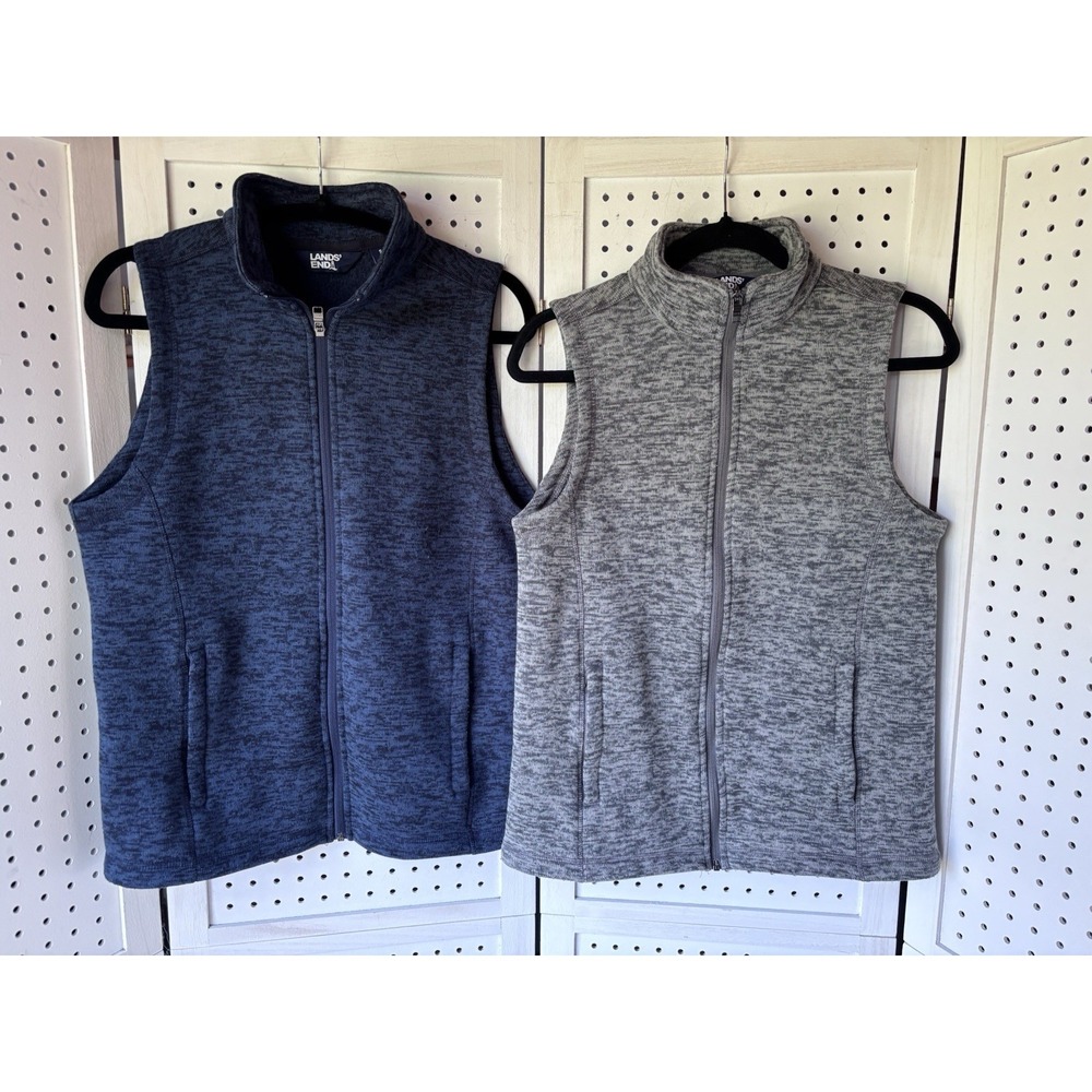 Lands' End LOT/2 Heathered Zip Fleece Vests Women's Sm 6-8 Navy / Gray